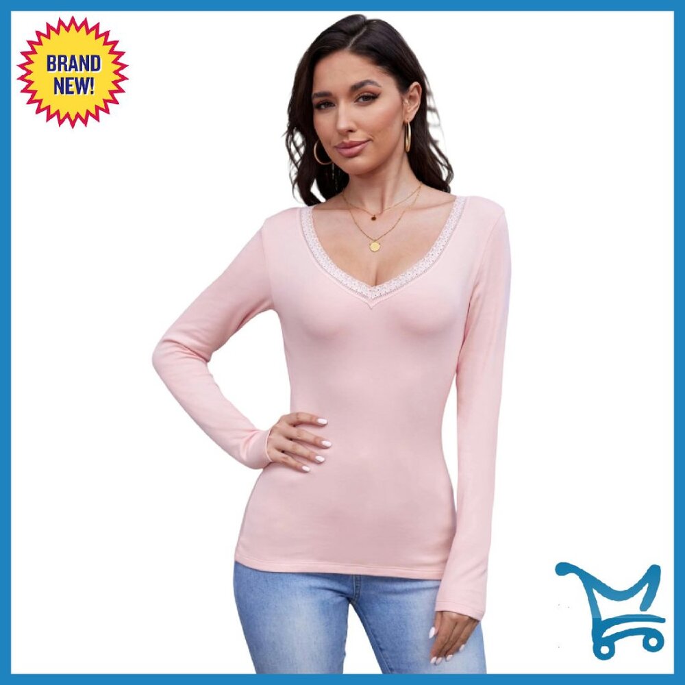 Fitted V-Neck Thermal Long Sleeve Top For Layering, Cotton Spandex Blend